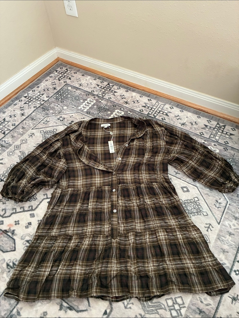 Max Studio Brown Plaid Button-Front Tiered Tunic